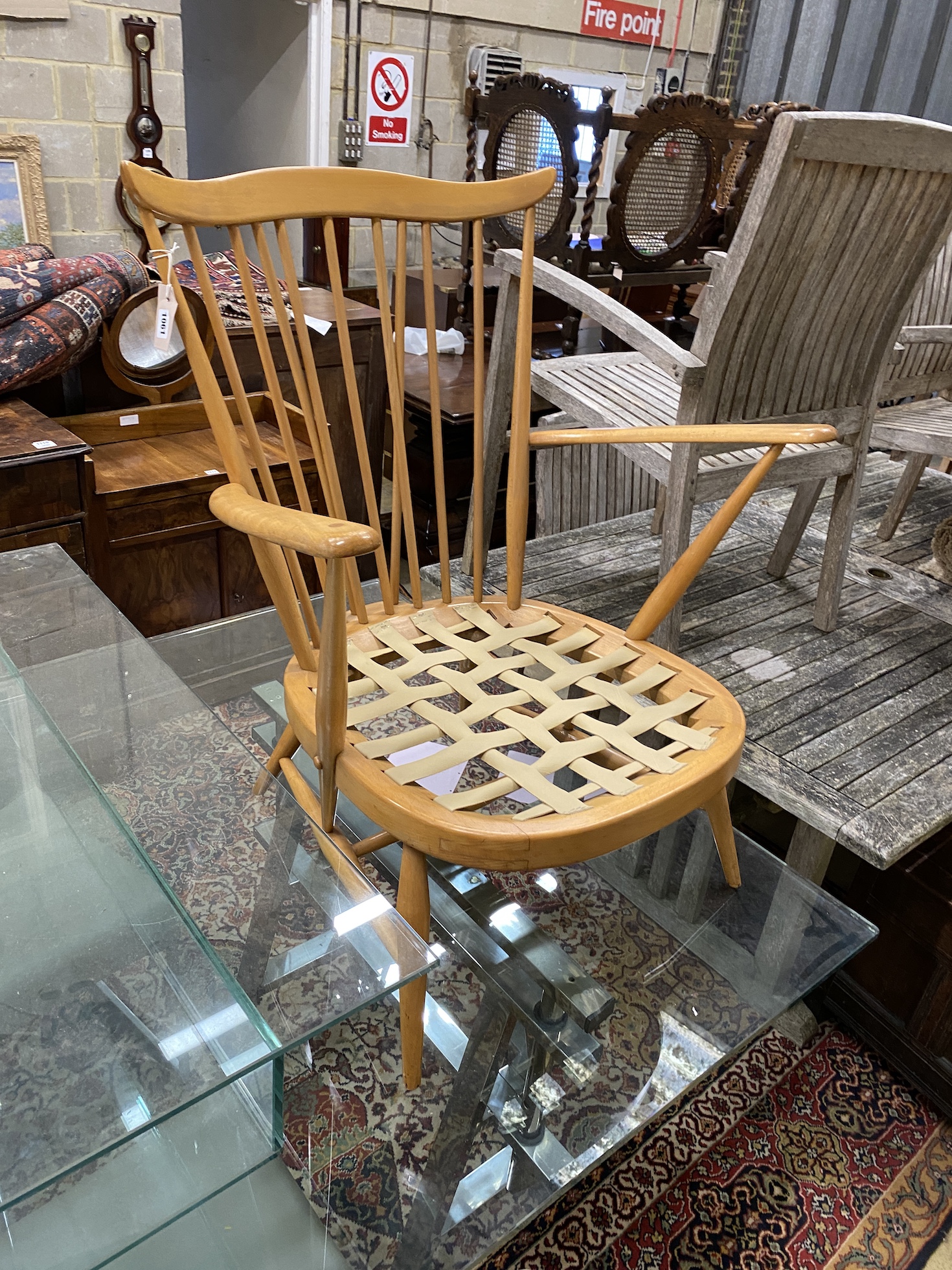 A mid century Ercol light beech armchair frame, width 72cm, depth 60cm, height 84cm